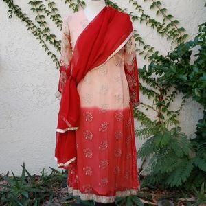 Indian Saree red with gold and silver trim.